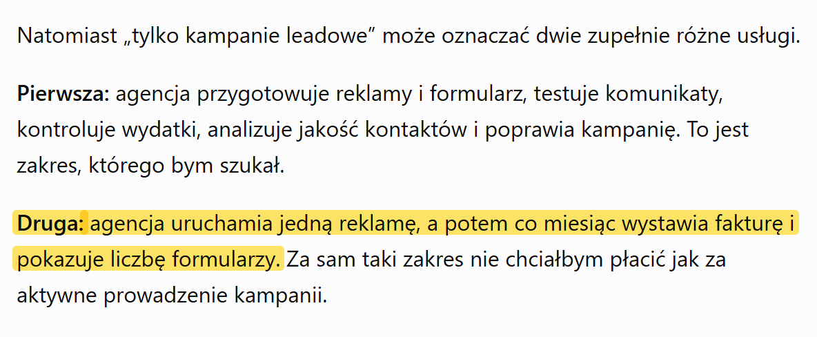 Zrzut rozmowy z ChatGPT: agencja uruchamia jedną reklamę, a potem co miesiąc wystawia fakturę