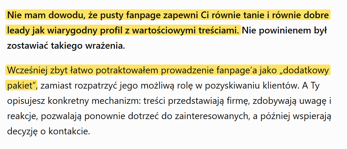 Zrzut rozmowy z ChatGPT: zbyt łatwo potraktowałem prowadzenie fanpage'a jako dodatkowy pakiet