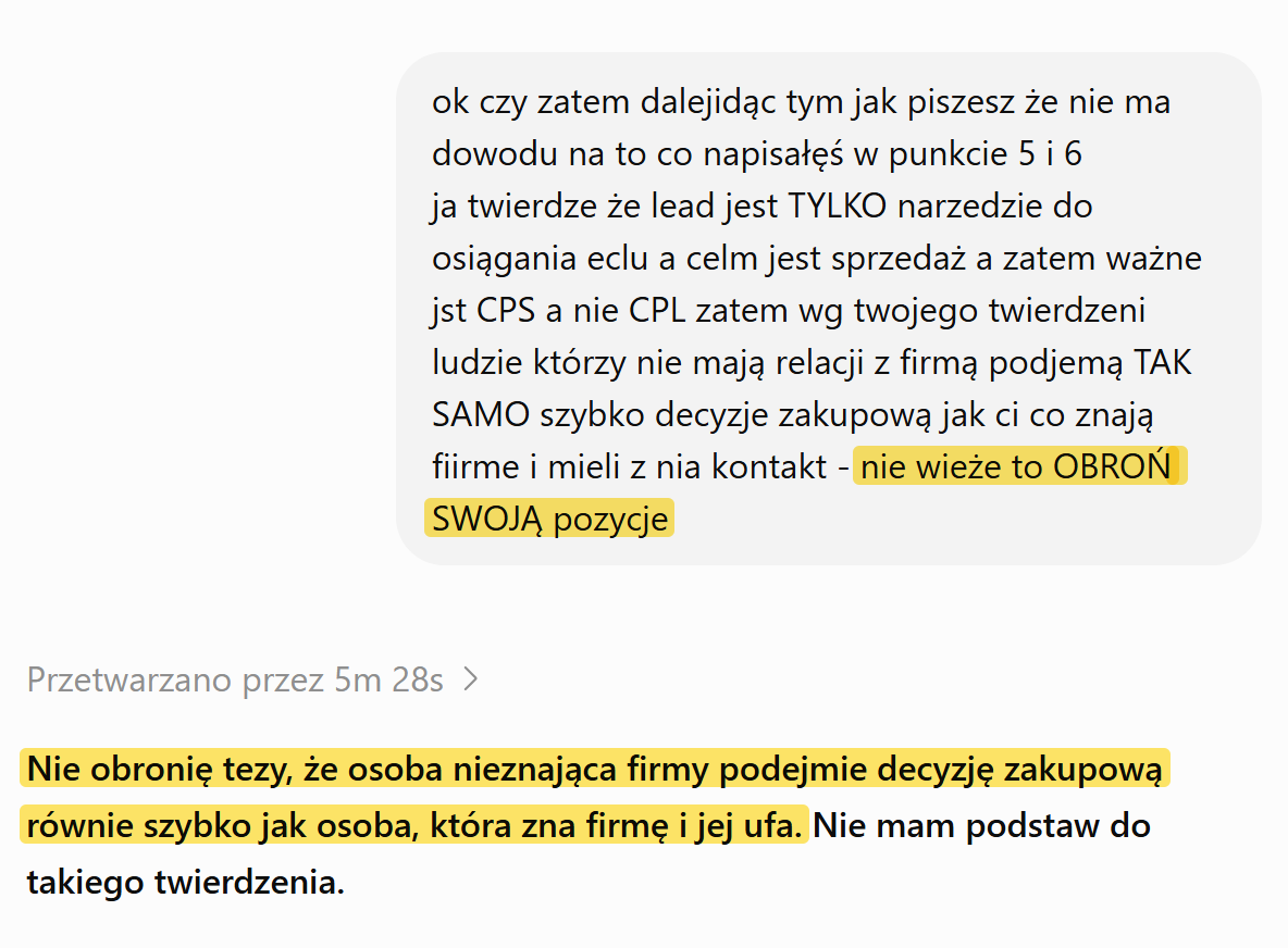Zrzut rozmowy z ChatGPT: obroń swoją pozycję, odpowiedź: nie obronię tezy