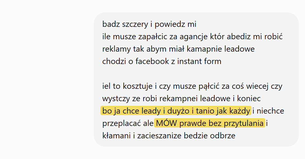 Zrzut rozmowy z ChatGPT: prośba o dużo tanich leadów i o prawdę bez przytulania
