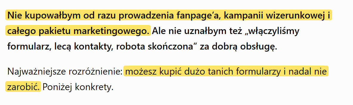Zrzut rozmowy z ChatGPT: rekomendacja, żeby nie kupować od razu prowadzenia fanpage'a