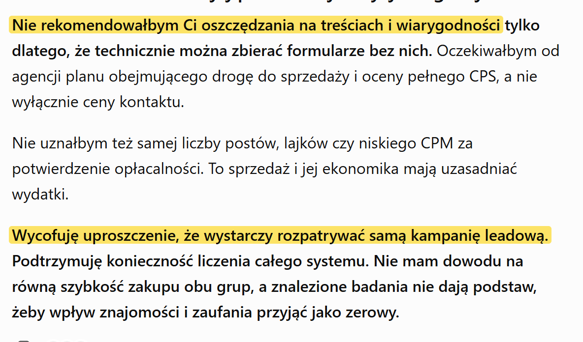 Zrzut rozmowy z ChatGPT: wycofuję uproszczenie, że wystarczy sama kampania leadowa
